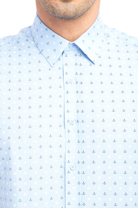 Açık Mavi Kısa Kol Slim Fit Dar Kesim Baskılı Gömlek