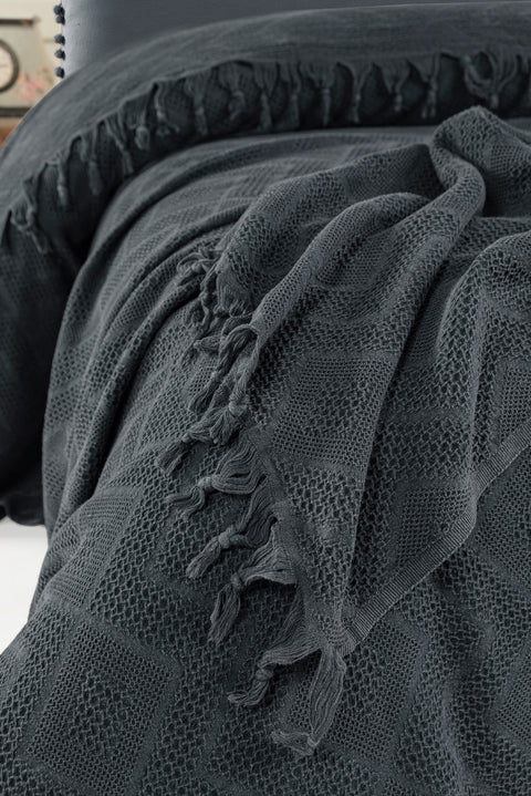 Medium Anthracite Stone Washed Waffle Cotton Bedspread / Multipurpose Summer Cover / Seasonal Quilt