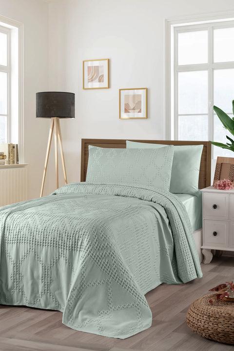 Mint Green Single Cotton Bedspread Set / Seasonal Quilt Set - Includes 1 Pillowcase (160*220 cm)