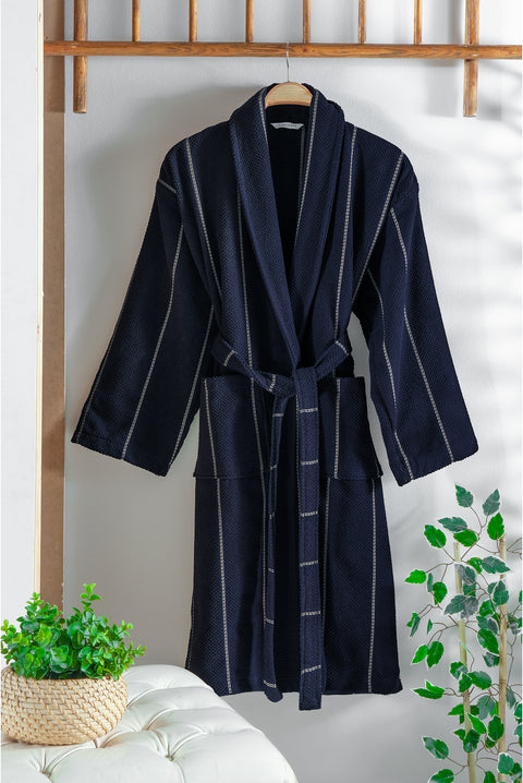 Dark Navy Saviha Border Jacquard Bathrobe