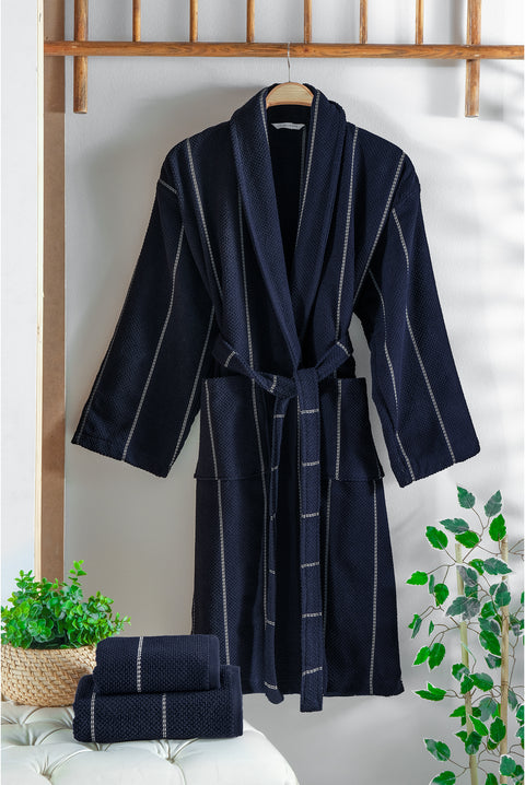Dark Navy Saviha Border Jacquard Bathrobe