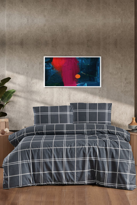 Medium Anthracite Single Plaid Cotton Duvet Cover Set