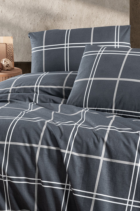 Medium Anthracite Double Asteria Plaid Cotton Duvet Cover Set
