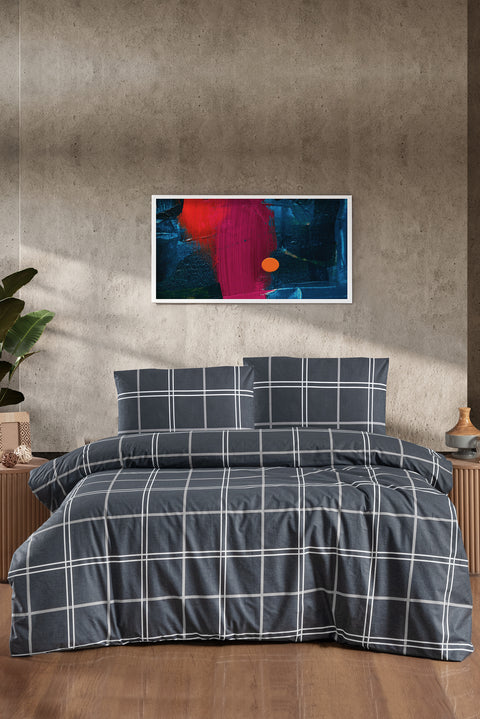 Medium Anthracite Double Asteria Plaid Cotton Duvet Cover Set