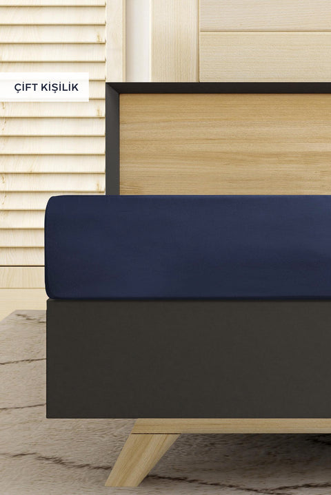 Medium Navy Blue Double Fitted Cotton Sheet