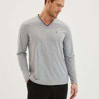 Light Grey Melange Double V-Neck Jacquard Elasticated Patterned 2-Piece Cotton Pajama Set