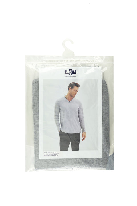 Light Grey Melange Double V-Neck Jacquard Elasticated Patterned 2-Piece Cotton Pajama Set