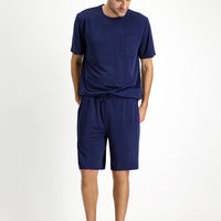 Dark Navy Short Sleeve Crew Neck 2-Piece Pajama Set with Shorts
