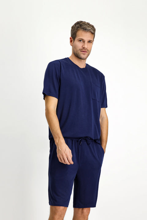 Dark Navy Short Sleeve Crew Neck 2-Piece Pajama Set with Shorts