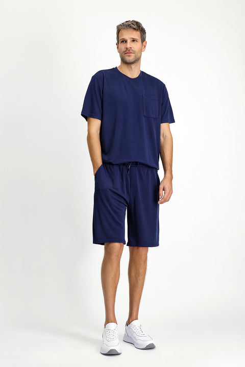 Dark Navy Short Sleeve Crew Neck 2-Piece Pajama Set with Shorts