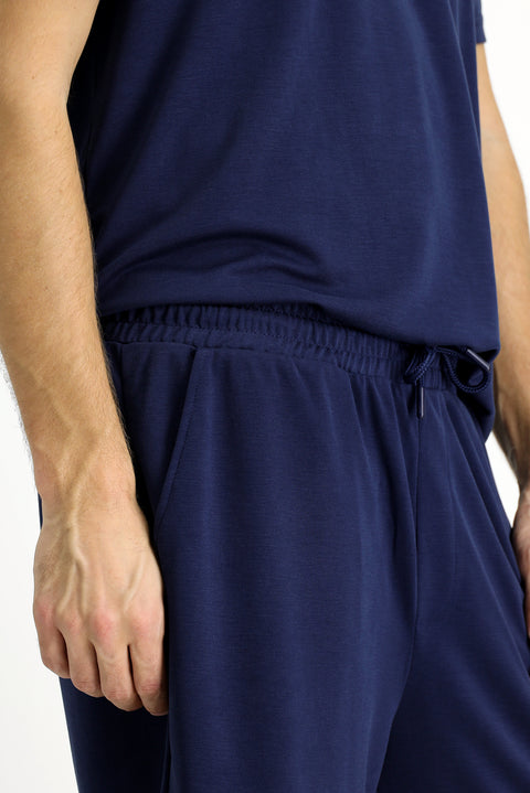 Dark Navy Short Sleeve Crew Neck 2-Piece Pajama Set with Shorts