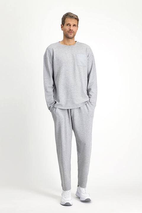 Medium Grey Melange Long Sleeve Crew Neck 3-Piece Pajama Set with Shorts