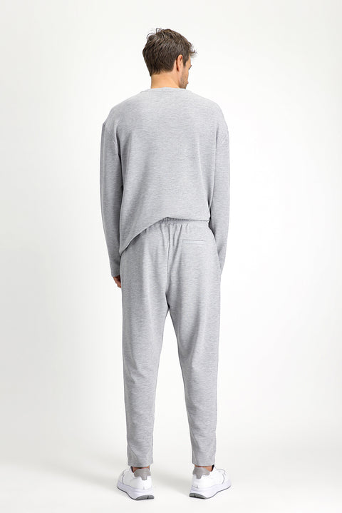 Medium Grey Melange Long Sleeve Crew Neck 3-Piece Pajama Set with Shorts