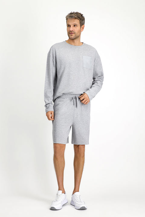 Medium Grey Melange Long Sleeve Crew Neck 3-Piece Pajama Set with Shorts