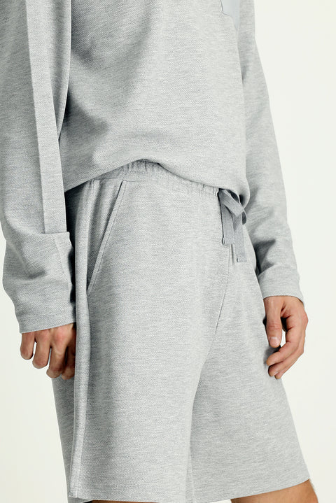 Medium Grey Melange Long Sleeve Crew Neck 3-Piece Pajama Set with Shorts