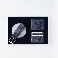 Dark Navy Blue 3-Piece Crocodile Pattern Belt, Wallet & Card Holder Set