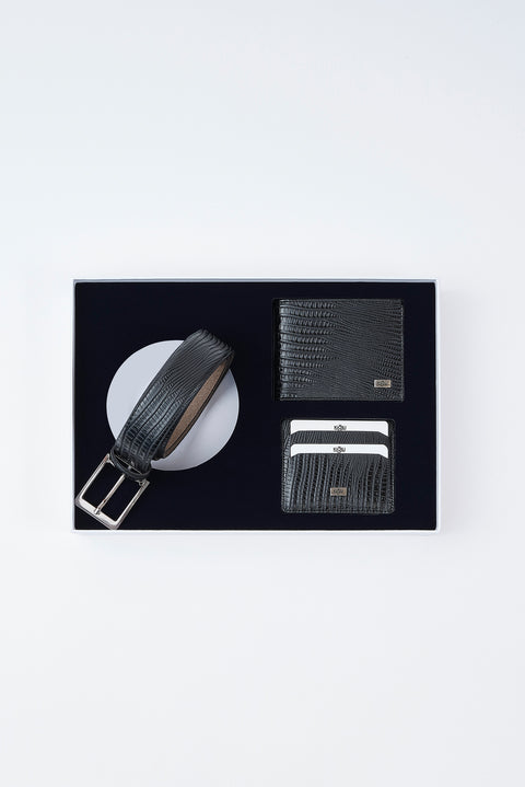 Black Lezard Pattern Belt, Wallet & Card Holder Set