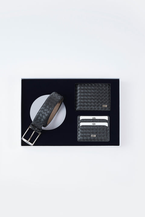 Black 3-Piece Patterned Belt, Wallet & Card Holder Set