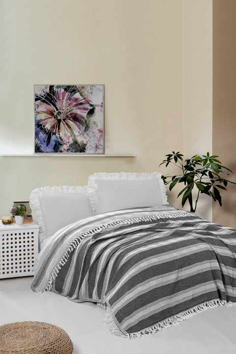Medium Anthracite Striped Cotton Bedspread
