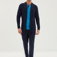 Medium Turquoise 3-Piece Knitted Robe with Button Closure, Long-Sleeved Patterned Cotton Pajama Set
