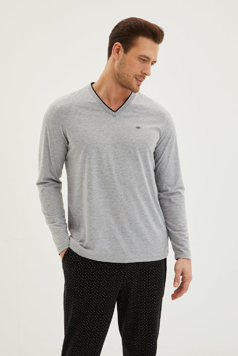 Light Grey Melange 3-Piece Knitted Robe Jacquard Elasticated Patterned Cotton Pajama Set