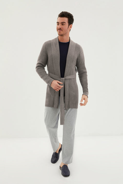 Dark Navy Crew Neck 3-Piece Knitted Robe Waffle Patterned Cotton Pajama Set