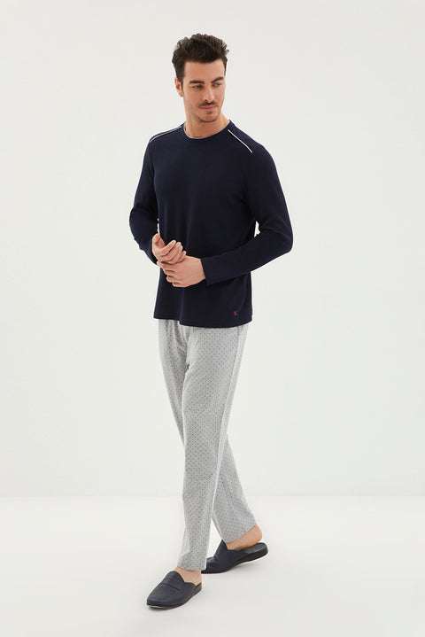 Dark Navy Crew Neck 3-Piece Knitted Robe Waffle Patterned Cotton Pajama Set