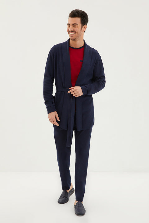 Dark Burgundy 3-Piece Knitted Robe Half Crew Neck Cotton Pajama Set