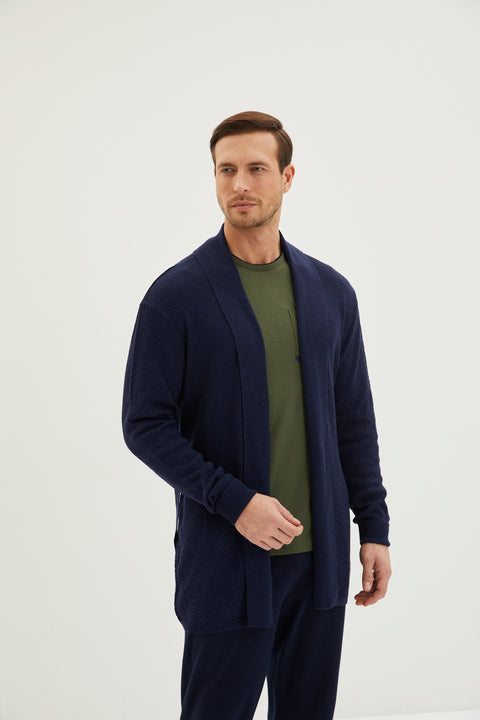 Medium Khaki 3-Piece Knitted Robe Contrast Collar Cotton Pajama Set