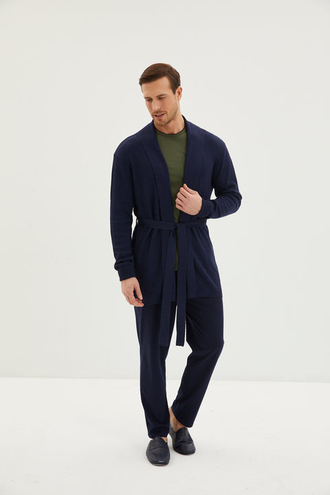 Medium Khaki 3-Piece Knitted Robe Contrast Collar Cotton Pajama Set