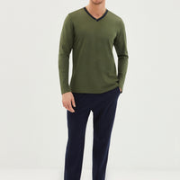 Medium Khaki Double V-Neck Long Sleeve Cotton Pajama Set with Chain Stitching on Shoulder (Piece)