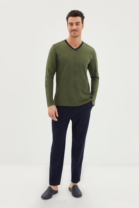 Medium Khaki Double V-Neck Long Sleeve Cotton Pajama Set with Chain Stitching on Shoulder (Piece)