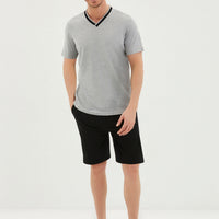 Light Grey Melange Double V-Neck Two-Piece Shorts Pajama Set with Shoulder Stitch Detail