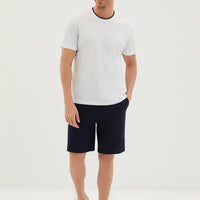 White Knitted Crew Neck Two-Piece Cotton Pajama Set with Shorts