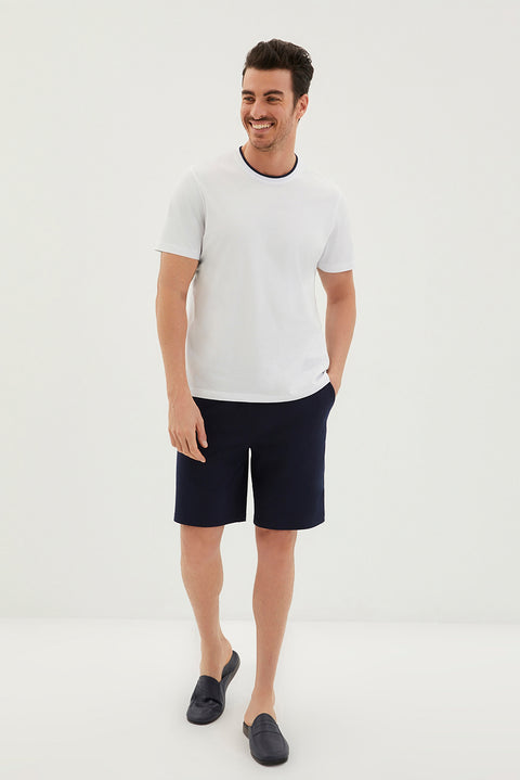 White Knitted Crew Neck Two-Piece Cotton Pajama Set with Shorts