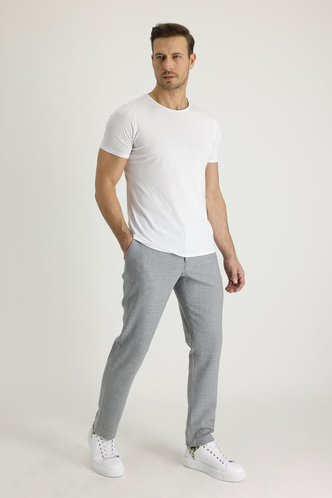 Light Grey 7 Drop Slim Fit Narrow Cut Wool Pants with Elastic Waist Drawstring Eyelet Fabric