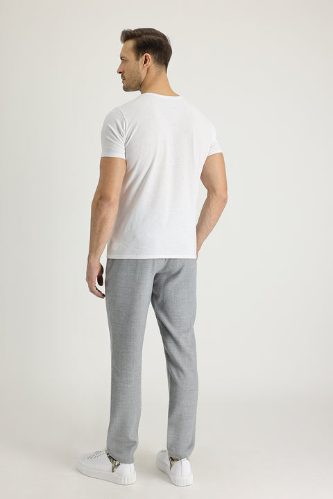 Light Grey 7 Drop Slim Fit Narrow Cut Wool Pants with Elastic Waist Drawstring Eyelet Fabric