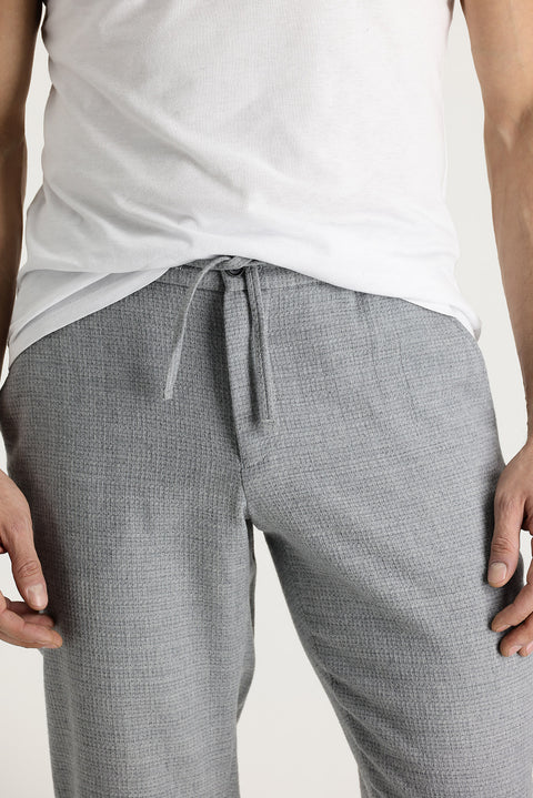 Light Grey 7 Drop Slim Fit Narrow Cut Wool Pants with Elastic Waist Drawstring Eyelet Fabric
