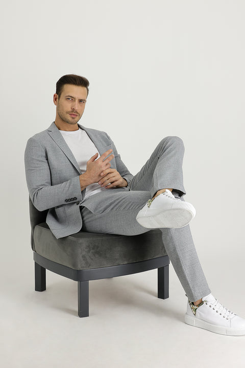 Light Grey 7 Drop Slim Fit Narrow Cut Wool Pants with Elastic Waist Drawstring Eyelet Fabric