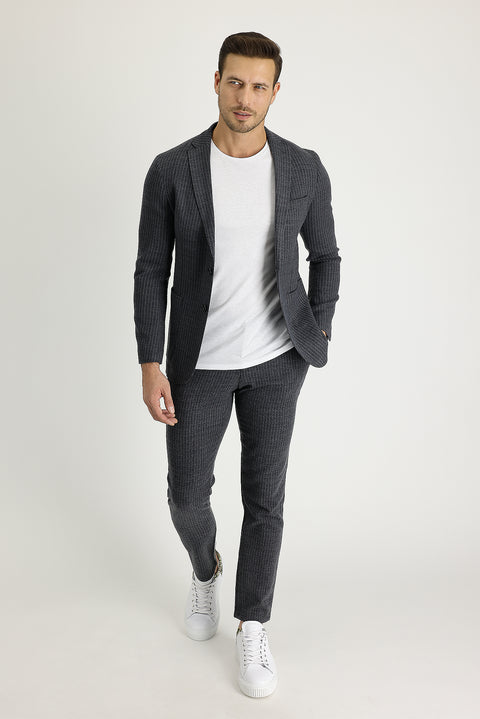 Koyu Antrasit 7 Drop Slim Fit Dar Kesim Yünlü Beli Lastikli İpli Çizgili Kumaş Pantolon