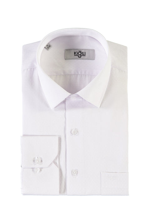 White Long-Sleeved Patterned Classic Shirt