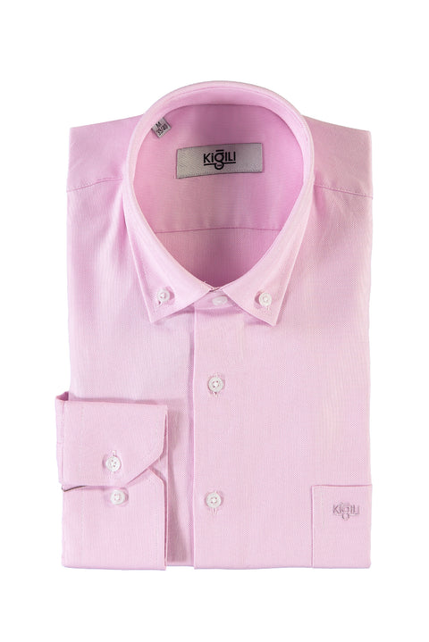 Pembe Uzun Kol Regular Fit Desenli Oxford Pamuk Gömlek