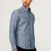 Medium Navy Long Sleeve Slim Fit Patterned Cotton Shirt
