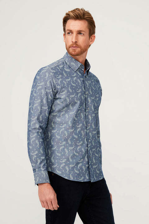 Medium Navy Long Sleeve Slim Fit Patterned Cotton Shirt