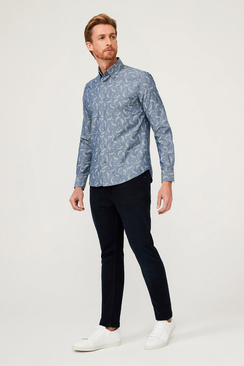 Medium Navy Long Sleeve Slim Fit Patterned Cotton Shirt
