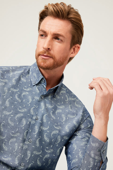 Medium Navy Long Sleeve Slim Fit Patterned Cotton Shirt