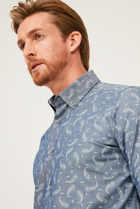 Medium Navy Long Sleeve Slim Fit Patterned Cotton Shirt