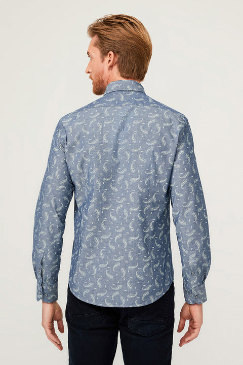 Medium Navy Long Sleeve Slim Fit Patterned Cotton Shirt