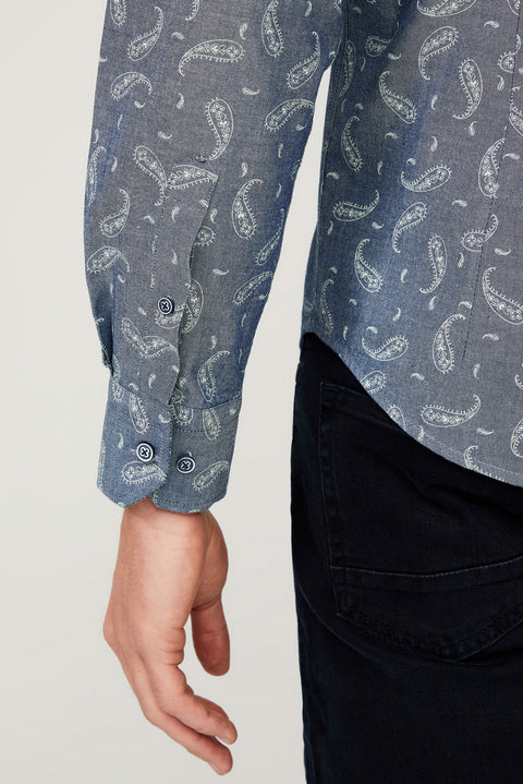 Medium Navy Long Sleeve Slim Fit Patterned Cotton Shirt