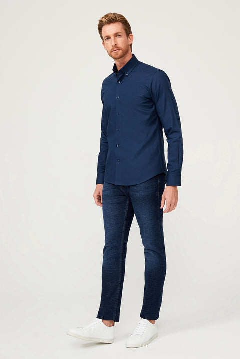 Medium Navy Long Sleeve Slim Fit Cotton Shirt